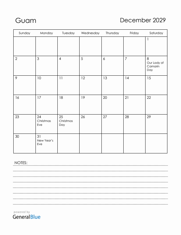 December 2029 Guam Calendar with Holidays (Sunday Start)