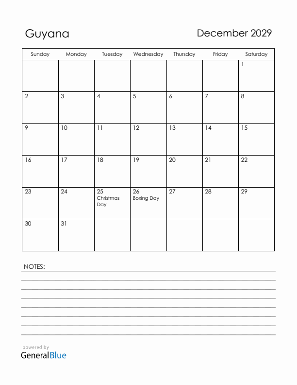 December 2029 Guyana Calendar with Holidays (Sunday Start)