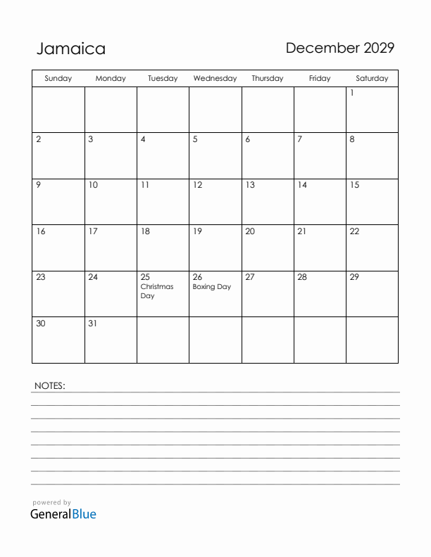 December 2029 Jamaica Calendar with Holidays (Sunday Start)