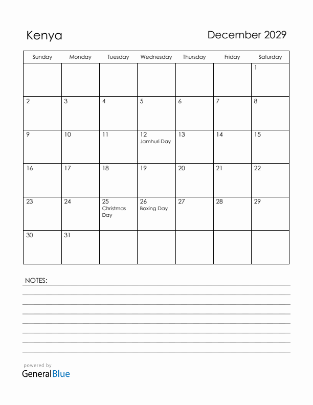 December 2029 Kenya Calendar with Holidays (Sunday Start)