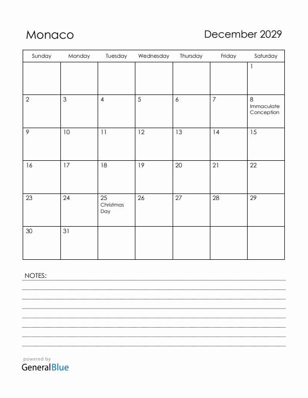 December 2029 Monaco Calendar with Holidays (Sunday Start)