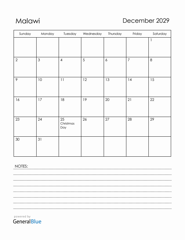 December 2029 Malawi Calendar with Holidays (Sunday Start)
