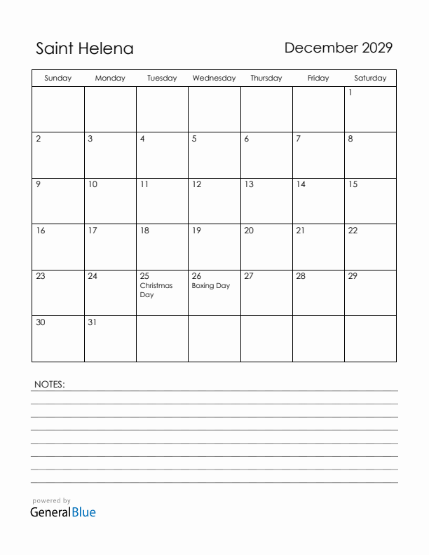 December 2029 Saint Helena Calendar with Holidays (Sunday Start)