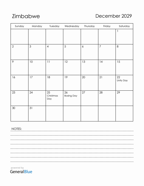 December 2029 Zimbabwe Calendar with Holidays (Sunday Start)