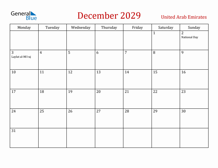 United Arab Emirates December 2029 Calendar - Monday Start