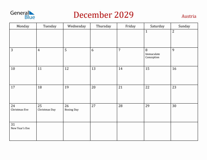 Austria December 2029 Calendar - Monday Start