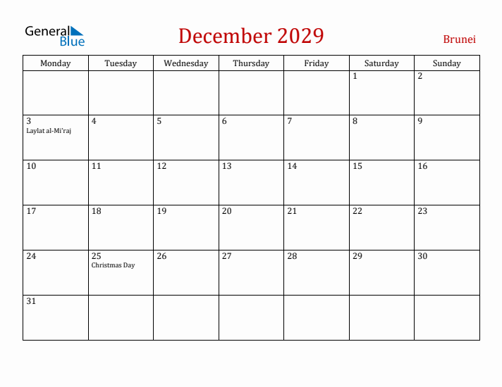 Brunei December 2029 Calendar - Monday Start