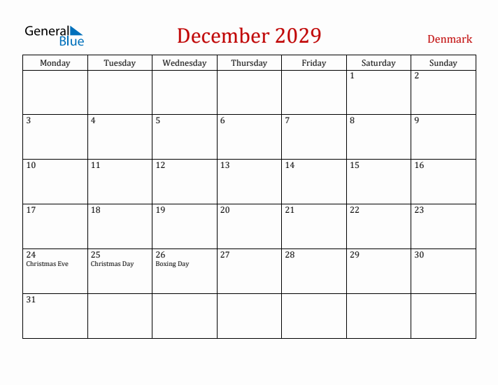 Denmark December 2029 Calendar - Monday Start
