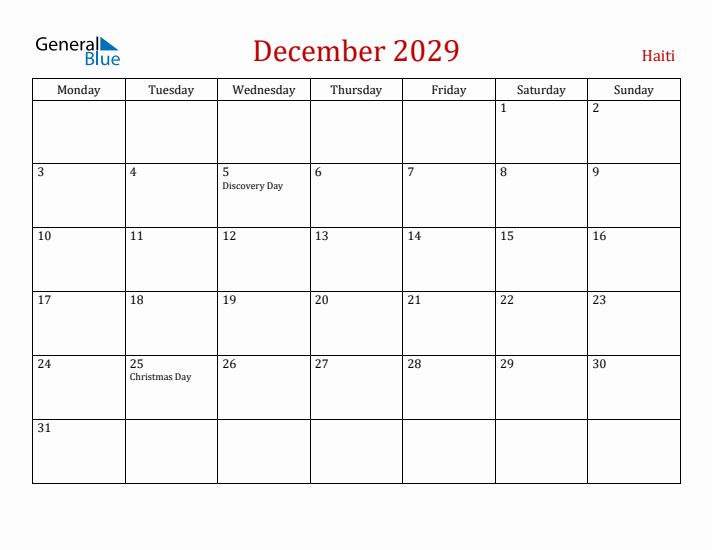 Haiti December 2029 Calendar - Monday Start