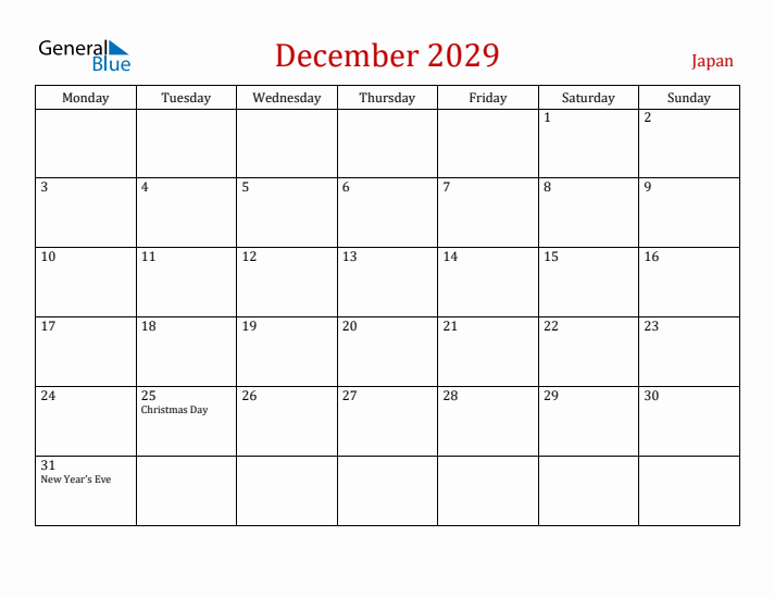 Japan December 2029 Calendar - Monday Start