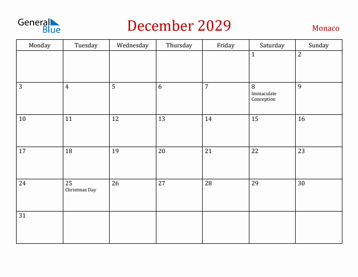 Monaco December 2029 Calendar - Monday Start
