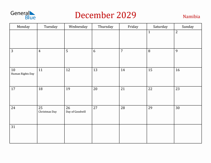 Namibia December 2029 Calendar - Monday Start