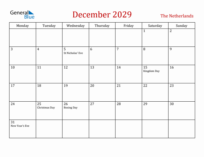 The Netherlands December 2029 Calendar - Monday Start