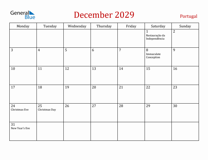 Portugal December 2029 Calendar - Monday Start