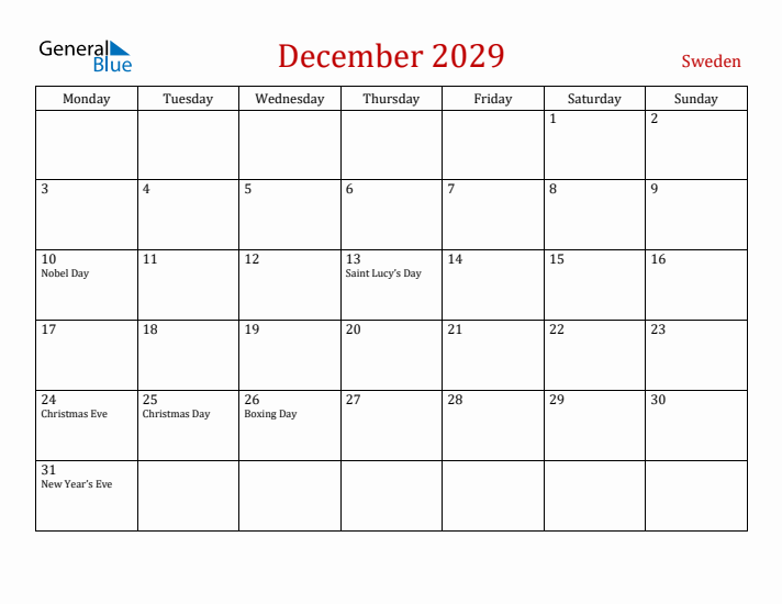 Sweden December 2029 Calendar - Monday Start