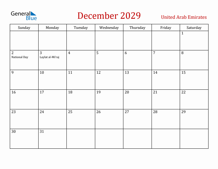 United Arab Emirates December 2029 Calendar - Sunday Start
