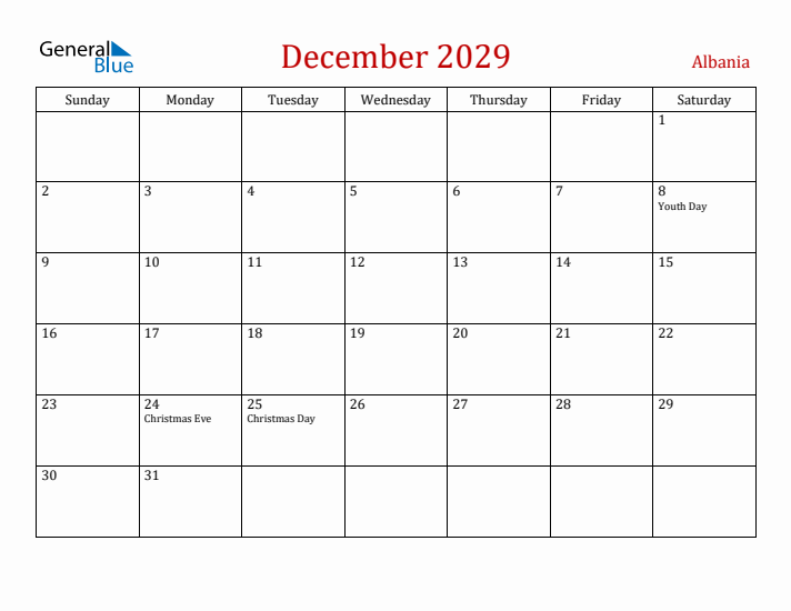 Albania December 2029 Calendar - Sunday Start