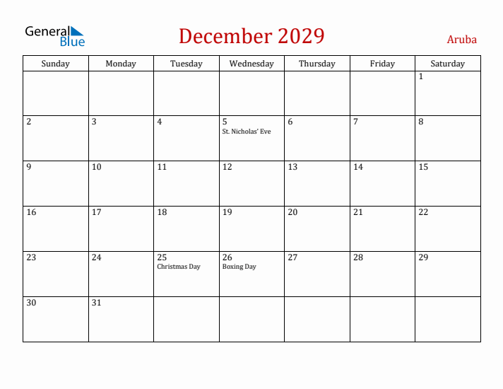 Aruba December 2029 Calendar - Sunday Start