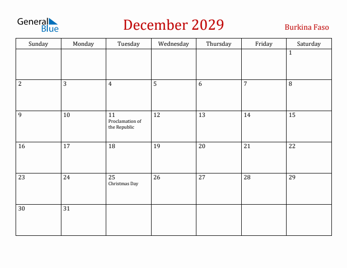 Burkina Faso December 2029 Calendar - Sunday Start