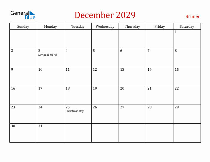 Brunei December 2029 Calendar - Sunday Start