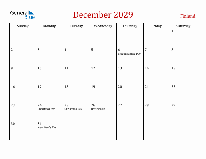 Finland December 2029 Calendar - Sunday Start