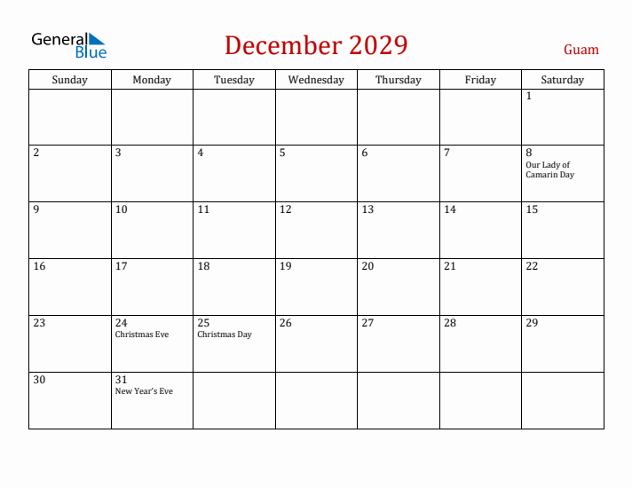 Guam December 2029 Calendar - Sunday Start