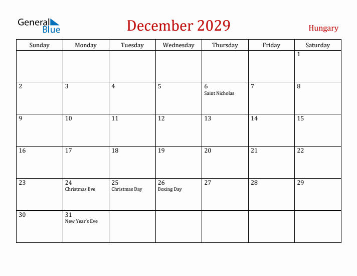 Hungary December 2029 Calendar - Sunday Start
