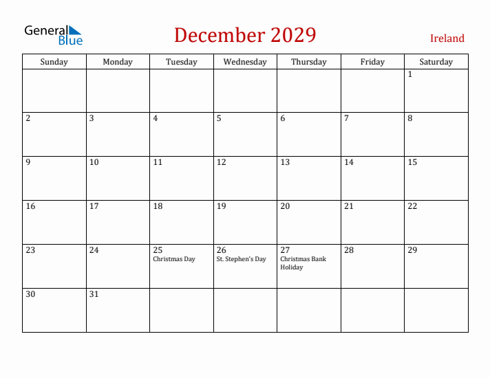 Ireland December 2029 Calendar - Sunday Start