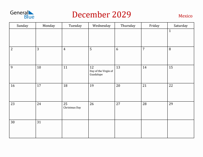 Mexico December 2029 Calendar - Sunday Start