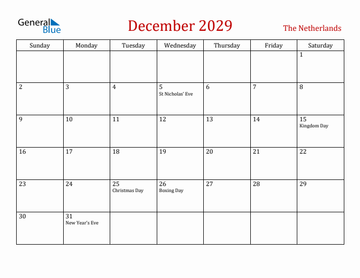 The Netherlands December 2029 Calendar - Sunday Start