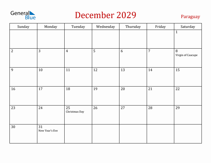 Paraguay December 2029 Calendar - Sunday Start