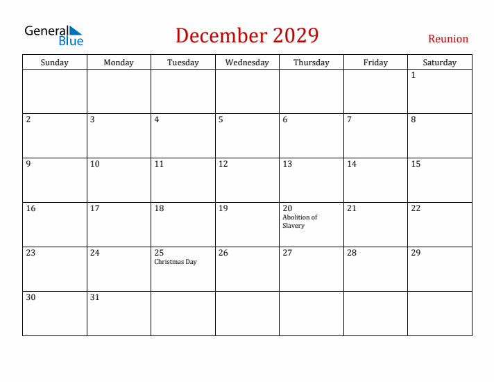 Reunion December 2029 Calendar - Sunday Start