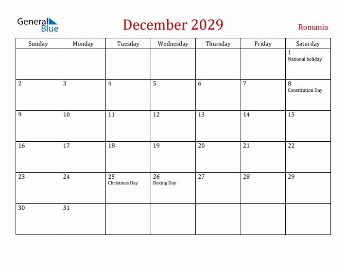 Romania December 2029 Calendar - Sunday Start