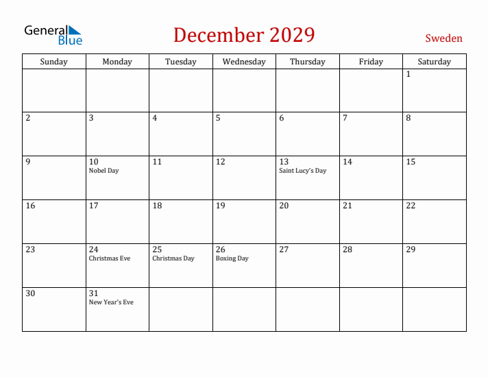 Sweden December 2029 Calendar - Sunday Start