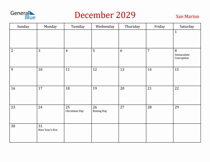 San Marino December 2029 Calendar - Sunday Start