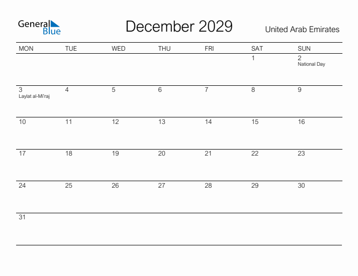 Printable December 2029 Calendar for United Arab Emirates
