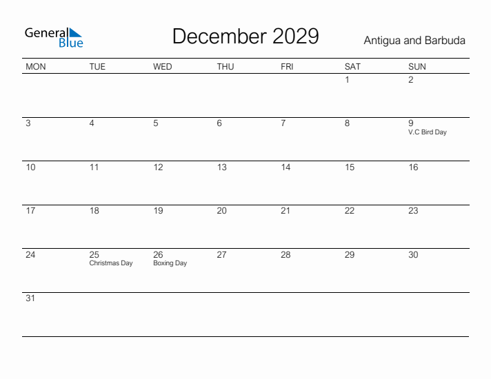 Printable December 2029 Calendar for Antigua and Barbuda