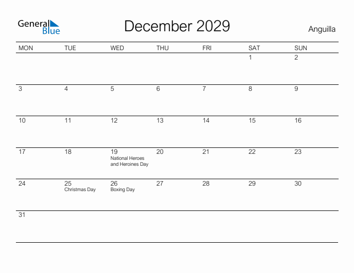 Printable December 2029 Calendar for Anguilla