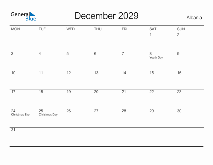 Printable December 2029 Calendar for Albania