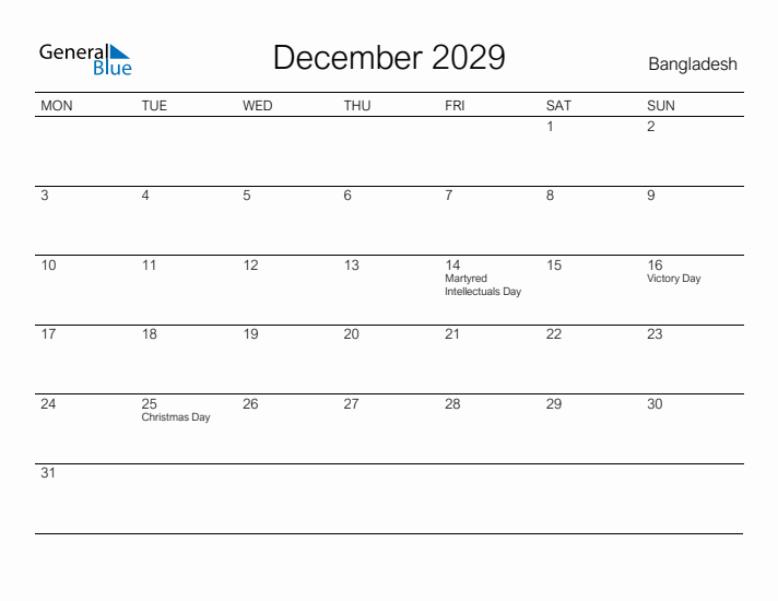 Printable December 2029 Calendar for Bangladesh