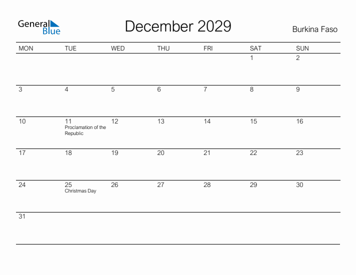 Printable December 2029 Calendar for Burkina Faso