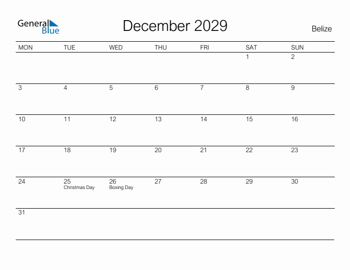 Printable December 2029 Calendar for Belize