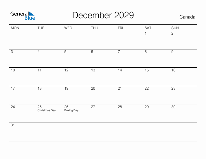Printable December 2029 Calendar for Canada