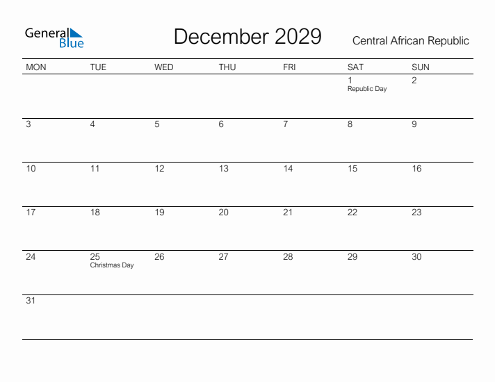 Printable December 2029 Calendar for Central African Republic