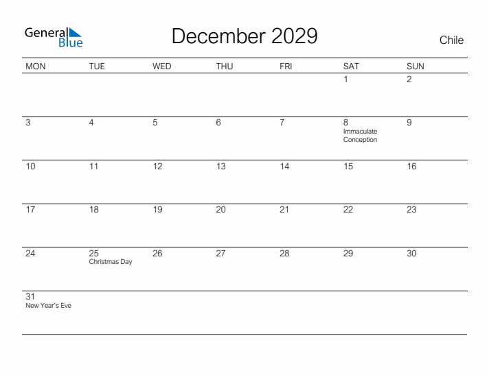 Printable December 2029 Calendar for Chile