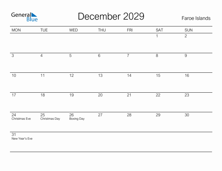 Printable December 2029 Calendar for Faroe Islands