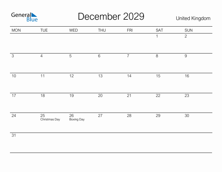 Printable December 2029 Calendar for United Kingdom