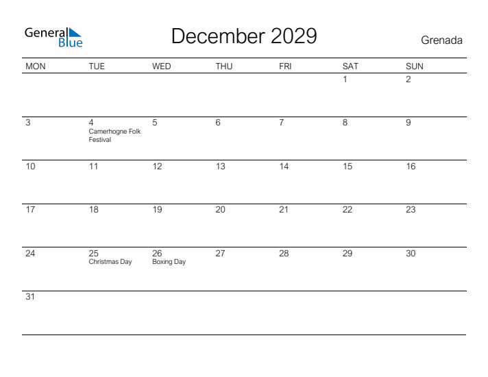Printable December 2029 Calendar for Grenada