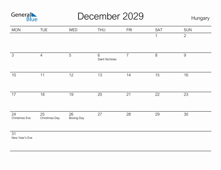 Printable December 2029 Calendar for Hungary