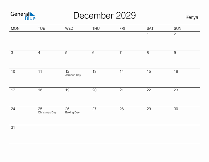 Printable December 2029 Calendar for Kenya